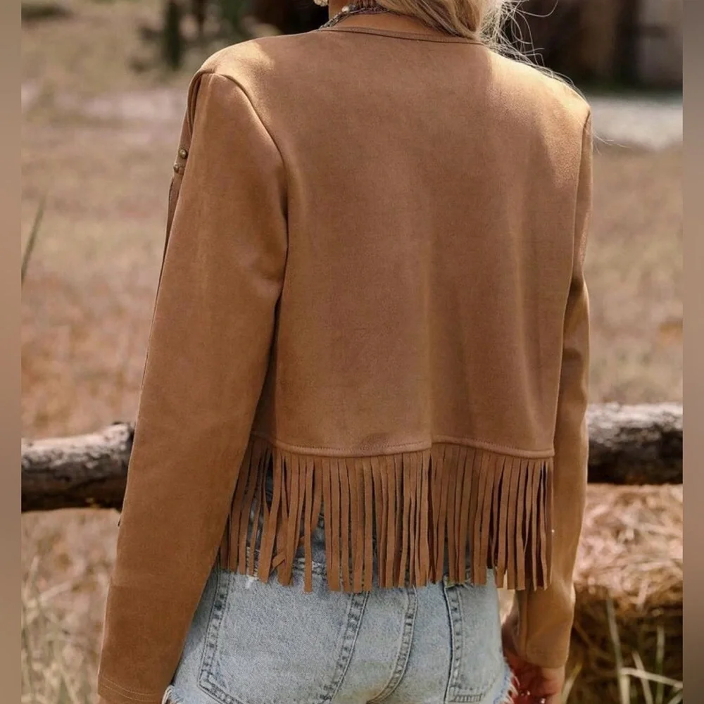 Women's Faux SuedeTan Fringe Jacket - Picture 3 of 9